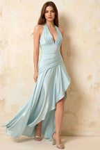 Jessica Mint Green Satin Asymmetrical Halter Neck Maxi Dress