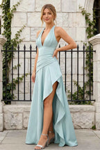 Jessica Mint Green Satin Asymmetrical Halter Neck Maxi Dress