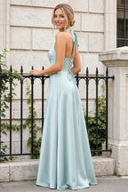 Jessica Mint Green Satin Asymmetrical Halter Neck Maxi Dress