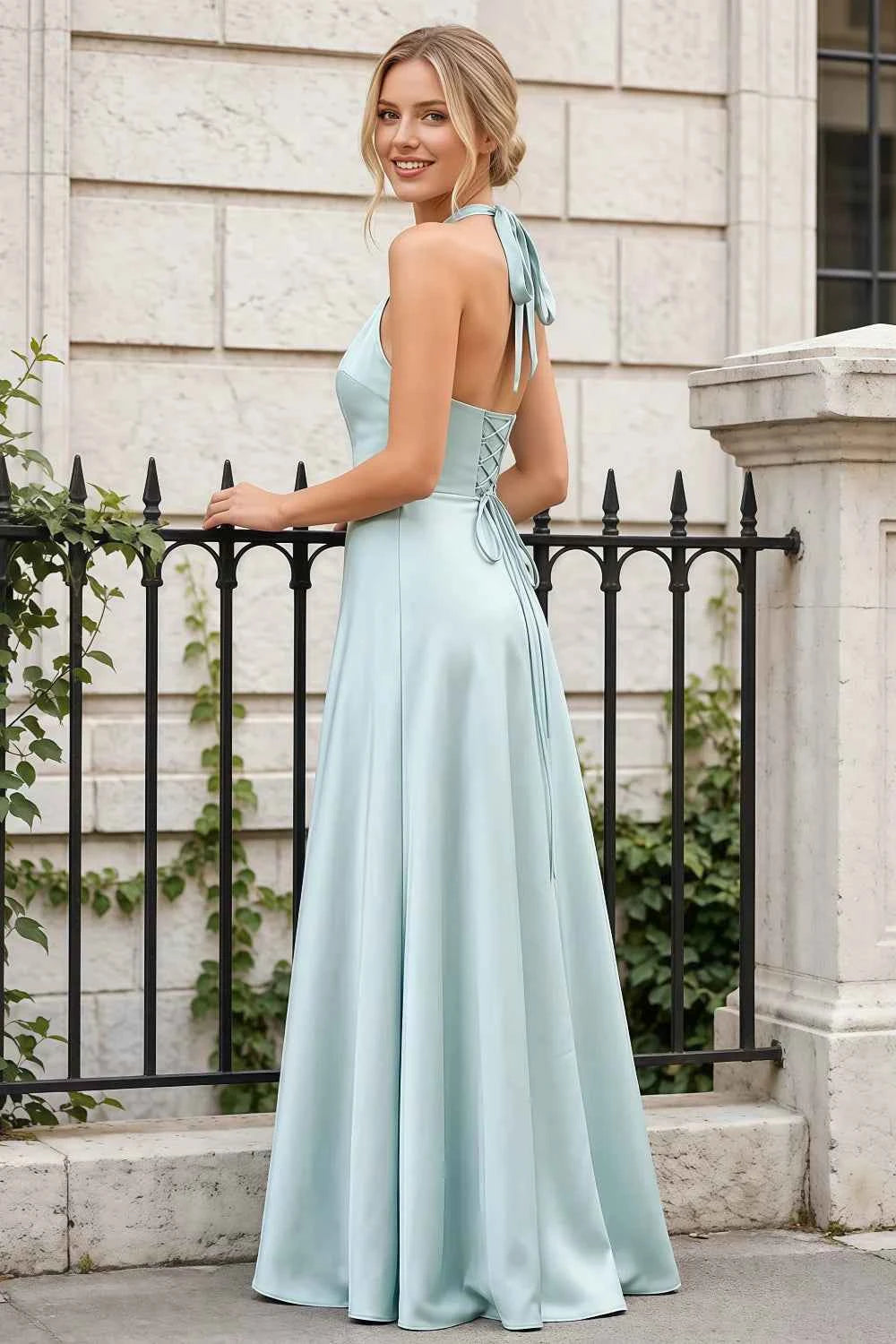 Jessica Mint Green Satin Asymmetrical Halter Neck Maxi Dress