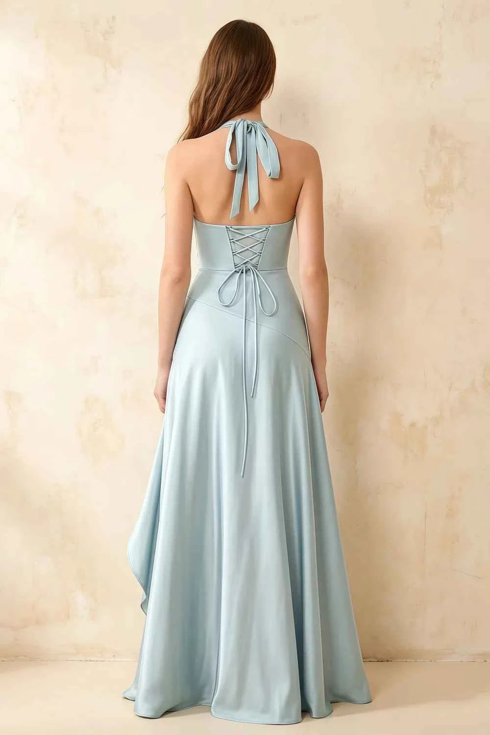 Jessica Mint Green Satin Asymmetrical Halter Neck Maxi Dress