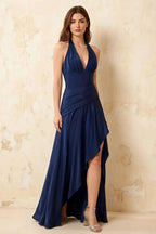Jessica Navy Blue Satin Asymmetrical Halter Neck Maxi Dress