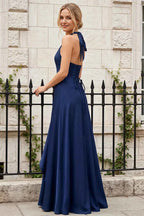 Jessica Navy Blue Satin Asymmetrical Halter Neck Maxi Dress