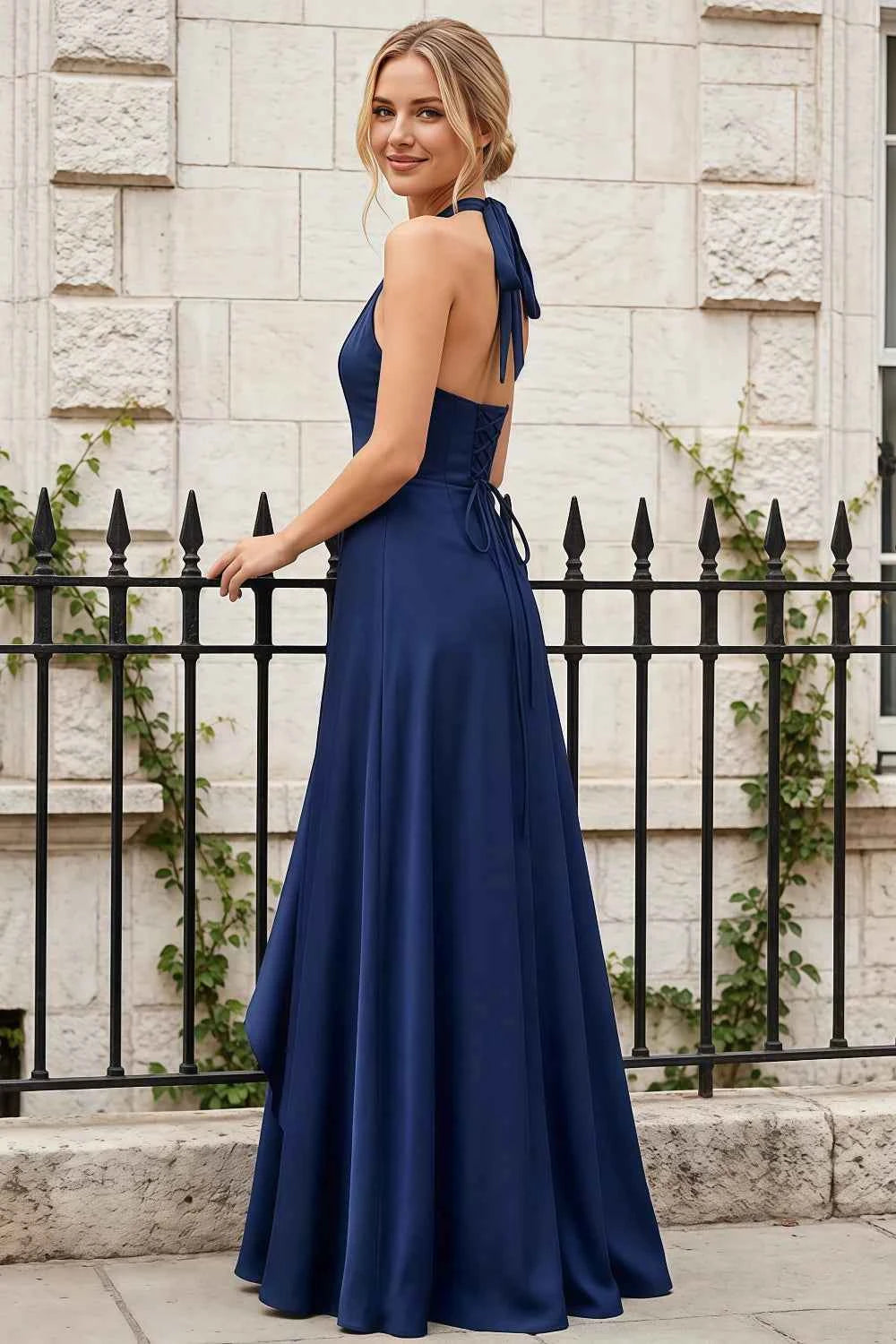 Jessica Navy Blue Satin Asymmetrical Halter Neck Maxi Dress