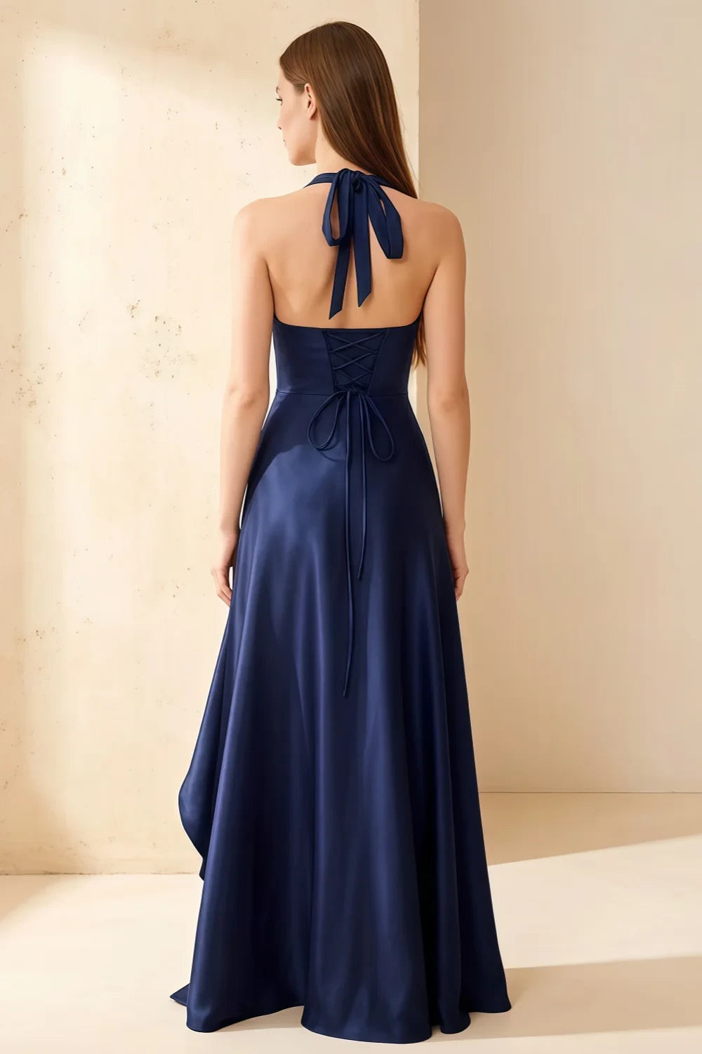 Jessica Navy Blue Satin Asymmetrical Halter Neck Maxi Dress