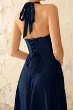 Jessica Navy Blue Satin Asymmetrical Halter Neck Maxi Dress
