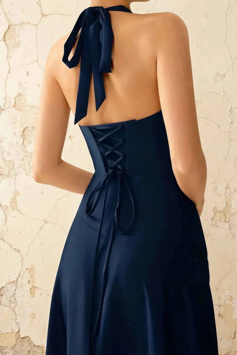 Jessica Navy Blue Satin Asymmetrical Halter Neck Maxi Dress