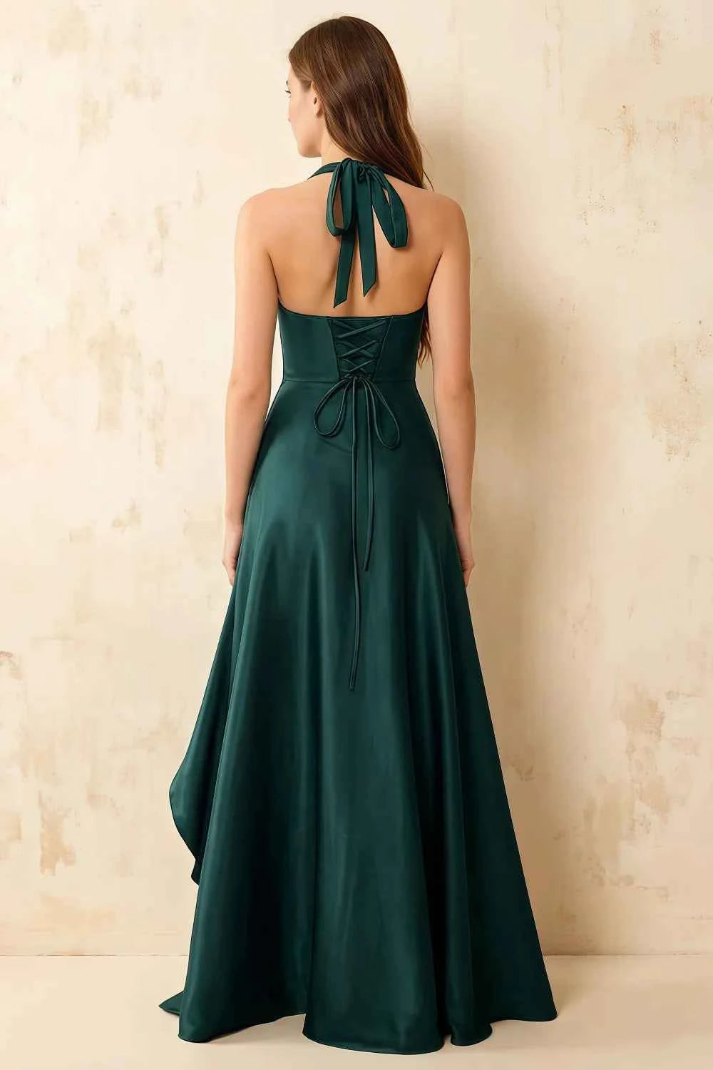 Jessica Peacock Satin Asymmetrical Halter Neck Maxi Dress