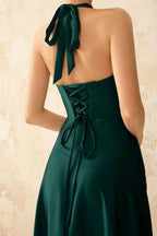 Jessica Peacock Satin Asymmetrical Halter Neck Maxi Dress