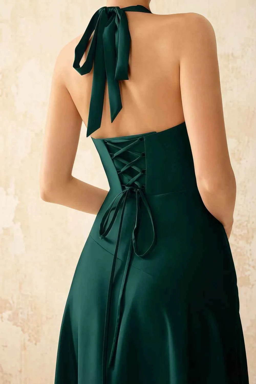 Jessica Peacock Satin Asymmetrical Halter Neck Maxi Dress