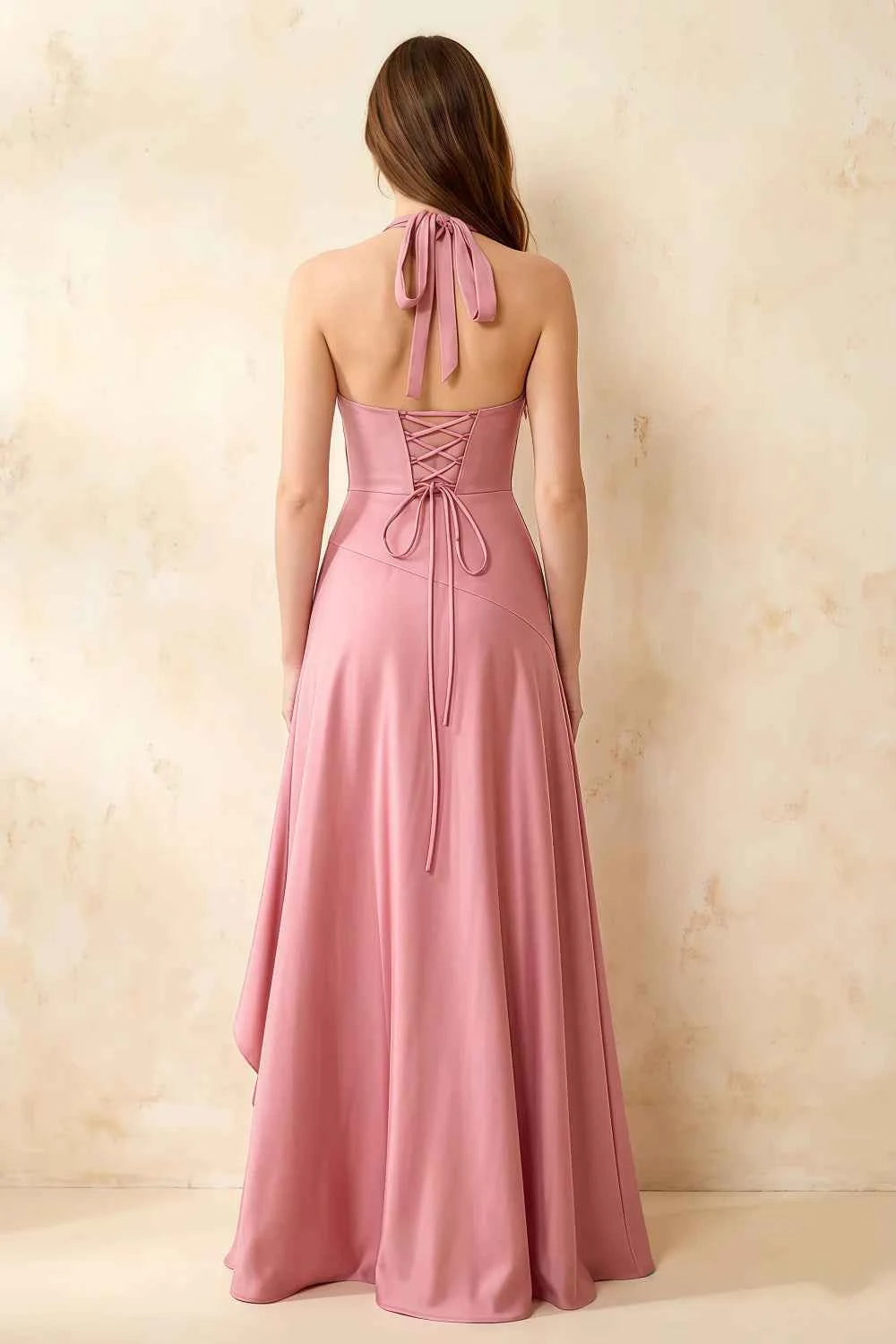 Jessica Powder Pink Satin Asymmetrical Halter Neck Maxi Dress