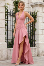 Jessica Powder Pink Satin Asymmetrical Halter Neck Maxi Dress