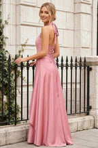 Jessica Powder Pink Satin Asymmetrical Halter Neck Maxi Dress