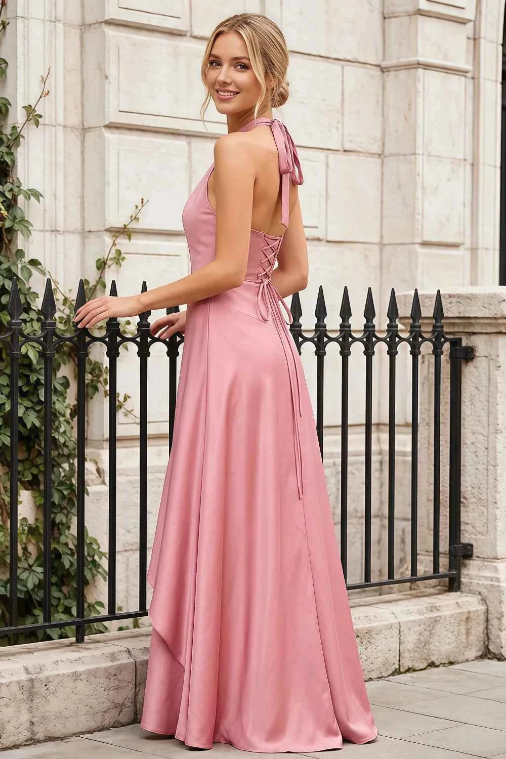 Jessica Powder Pink Satin Asymmetrical Halter Neck Maxi Dress