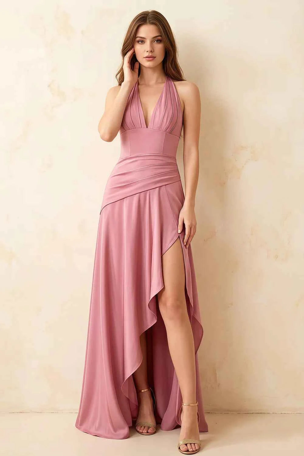 Jessica Powder Pink Satin Asymmetrical Halter Neck Maxi Dress