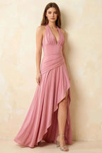 Jessica Powder Pink Satin Asymmetrical Halter Neck Maxi Dress