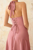 Jessica Powder Pink Satin Asymmetrical Halter Neck Maxi Dress