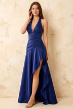 Jessica Royal Blue Satin Asymmetrical Halter Neck Maxi Dress