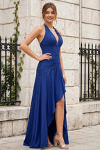 Jessica Royal Blue Satin Asymmetrical Halter Neck Maxi Dress
