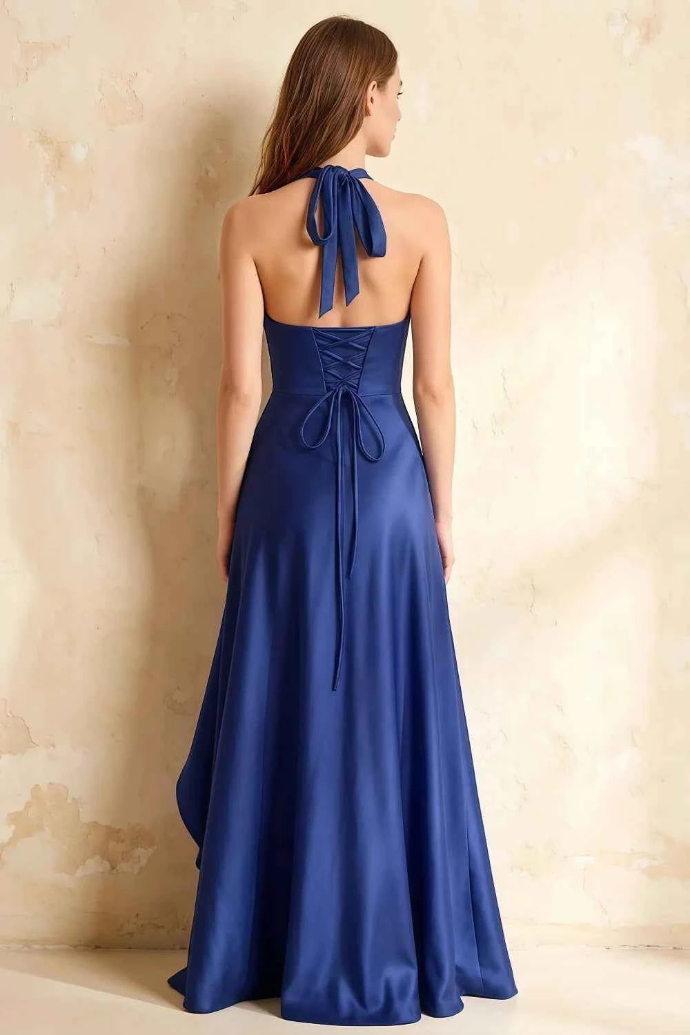 Jessica Royal Blue Satin Asymmetrical Halter Neck Maxi Dress