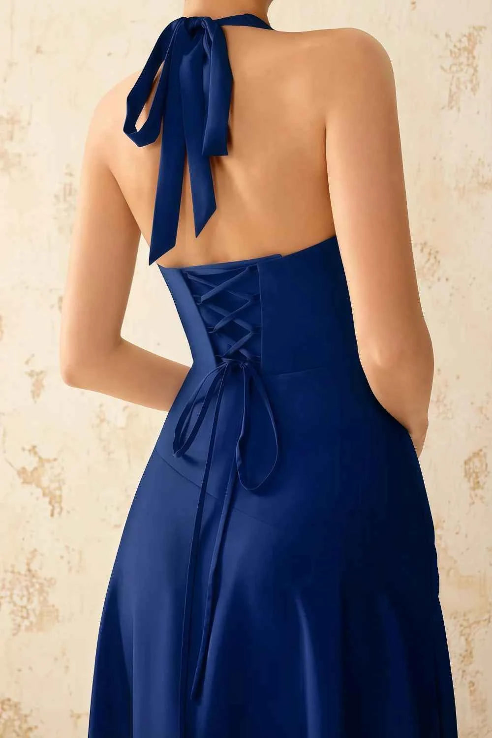Jessica Royal Blue Satin Asymmetrical Halter Neck Maxi Dress