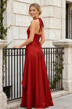 Jessica Rust Satin Asymmetrical Halter Neck Maxi Dress