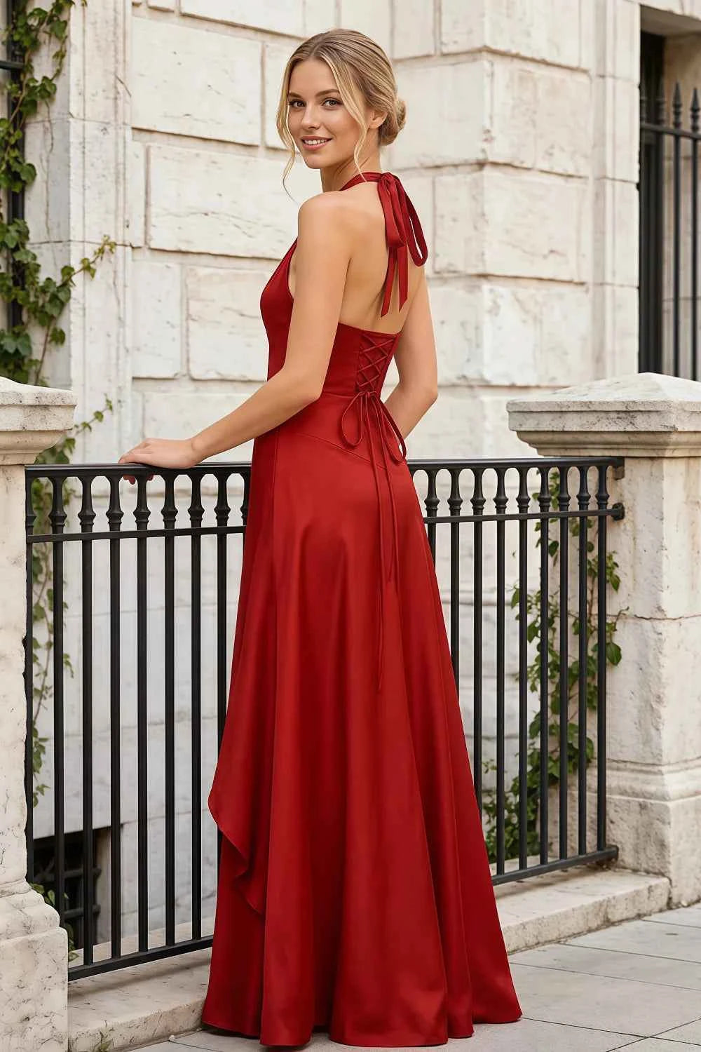 Jessica Rust Satin Asymmetrical Halter Neck Maxi Dress
