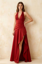 Jessica Rust Satin Asymmetrical Halter Neck Maxi Dress