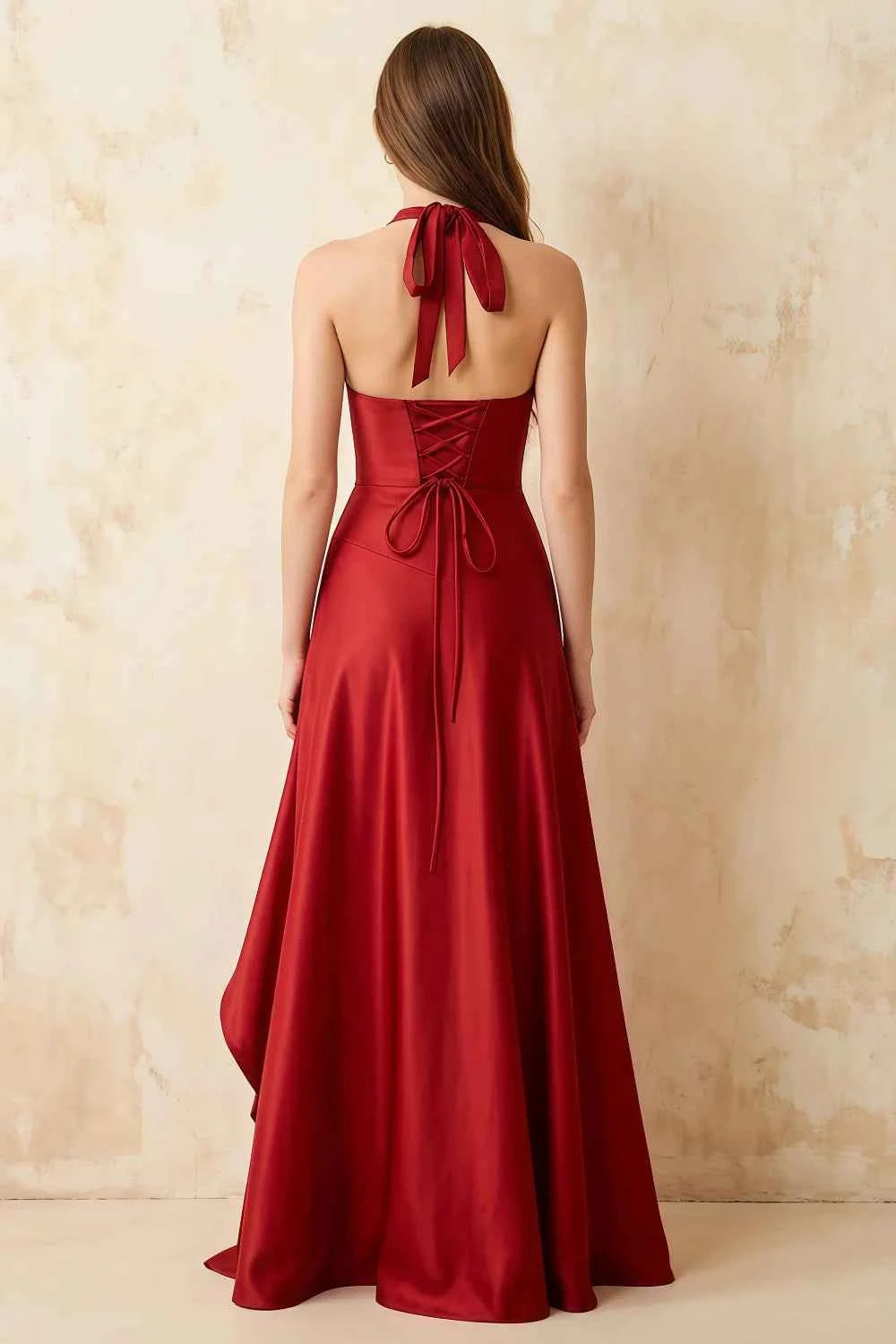 Jessica Rust Satin Asymmetrical Halter Neck Maxi Dress