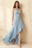 Jessica Sky Blue Satin Asymmetrical Halter Neck Maxi Dress