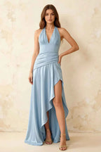 Jessica Sky Blue Satin Asymmetrical Halter Neck Maxi Dress