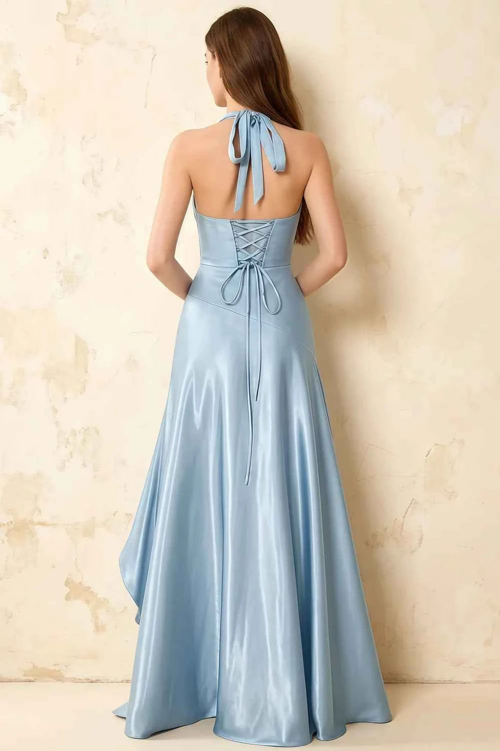 Jessica Sky Blue Satin Asymmetrical Halter Neck Maxi Dress