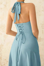 Jessica Sky Blue Satin Asymmetrical Halter Neck Maxi Dress