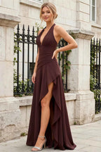 Jessica Truffle Satin Asymmetrical Halter Neck Maxi Dress