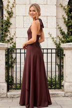 Jessica Truffle Satin Asymmetrical Halter Neck Maxi Dress