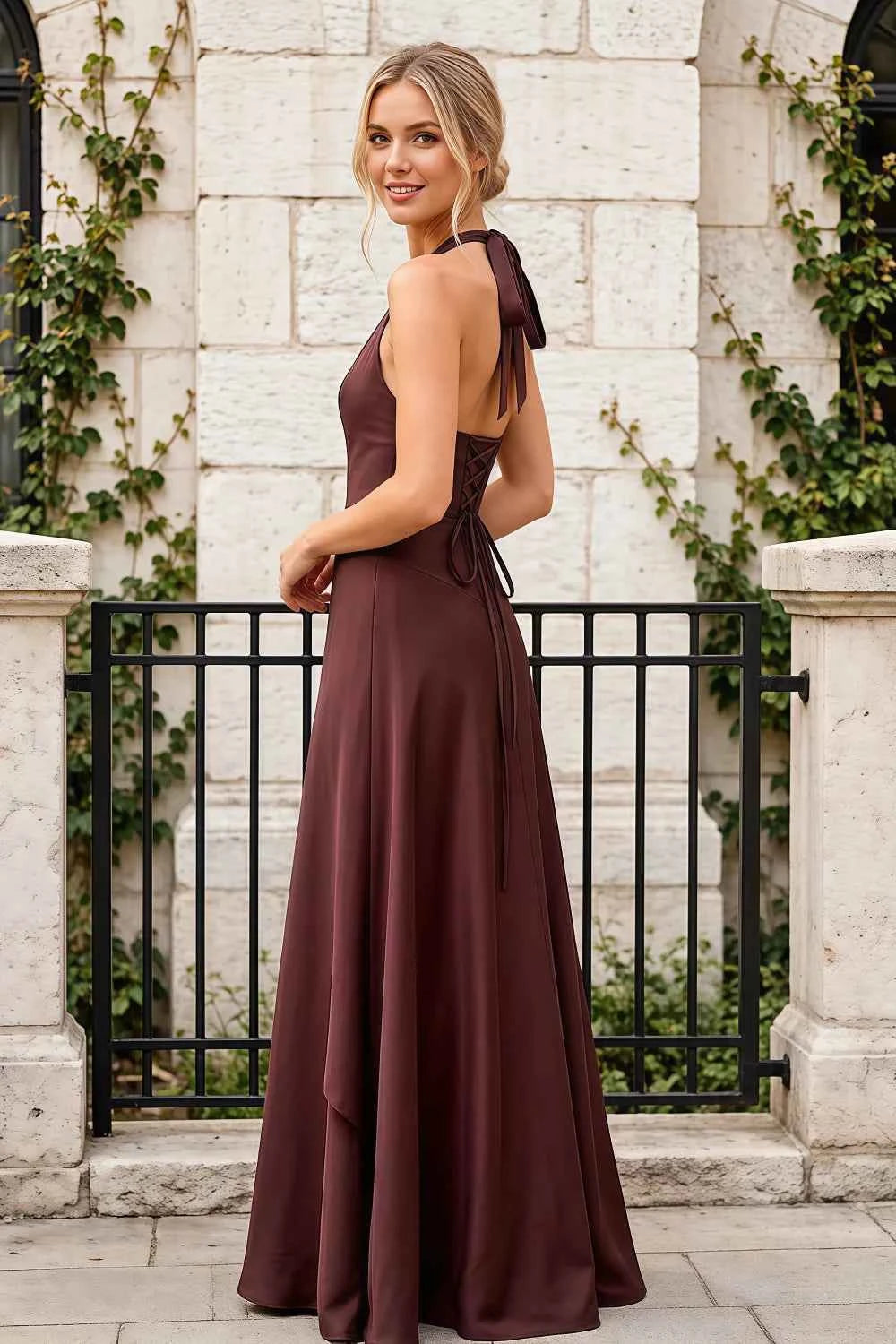 Jessica Truffle Satin Asymmetrical Halter Neck Maxi Dress