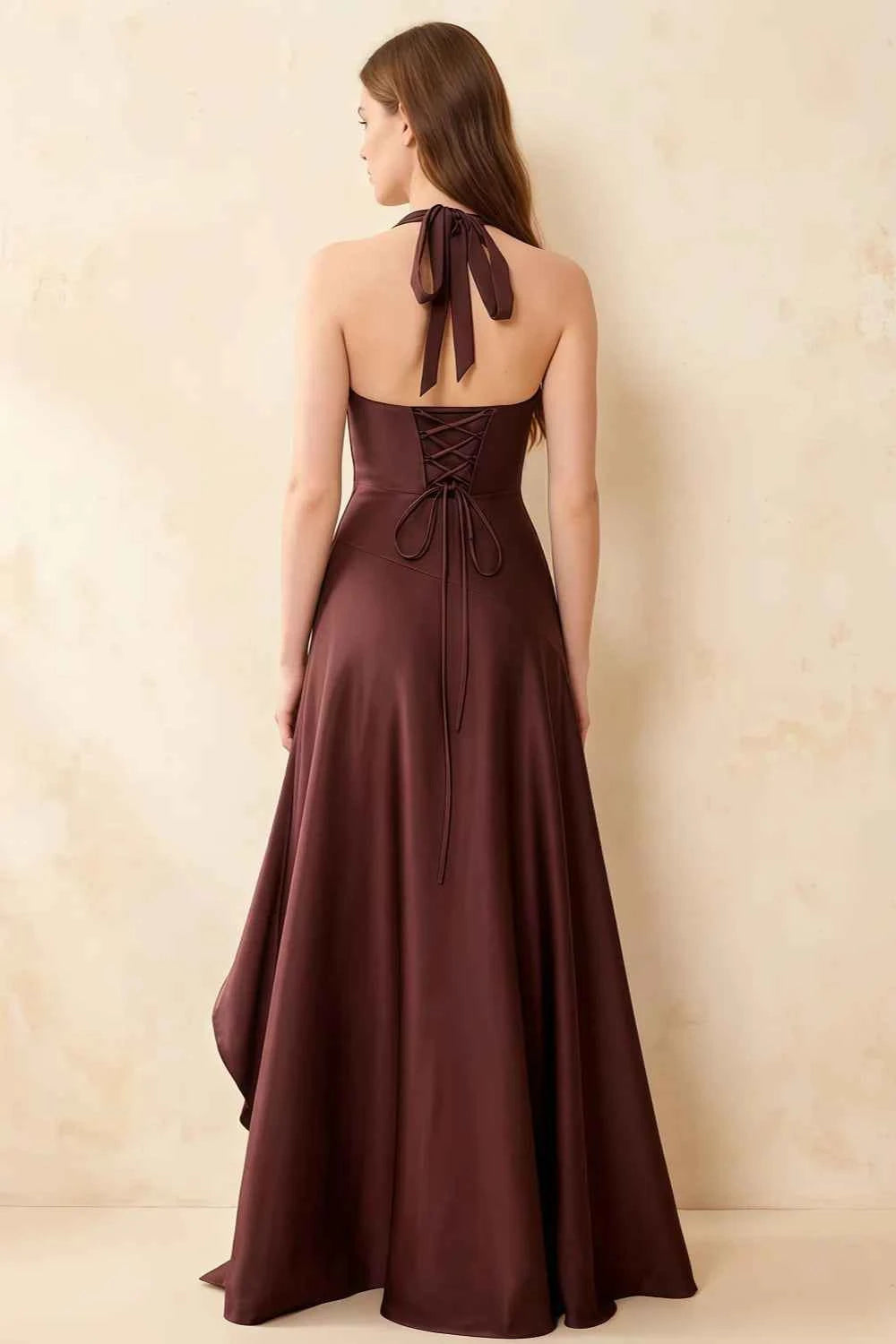 Jessica Truffle Satin Asymmetrical Halter Neck Maxi Dress
