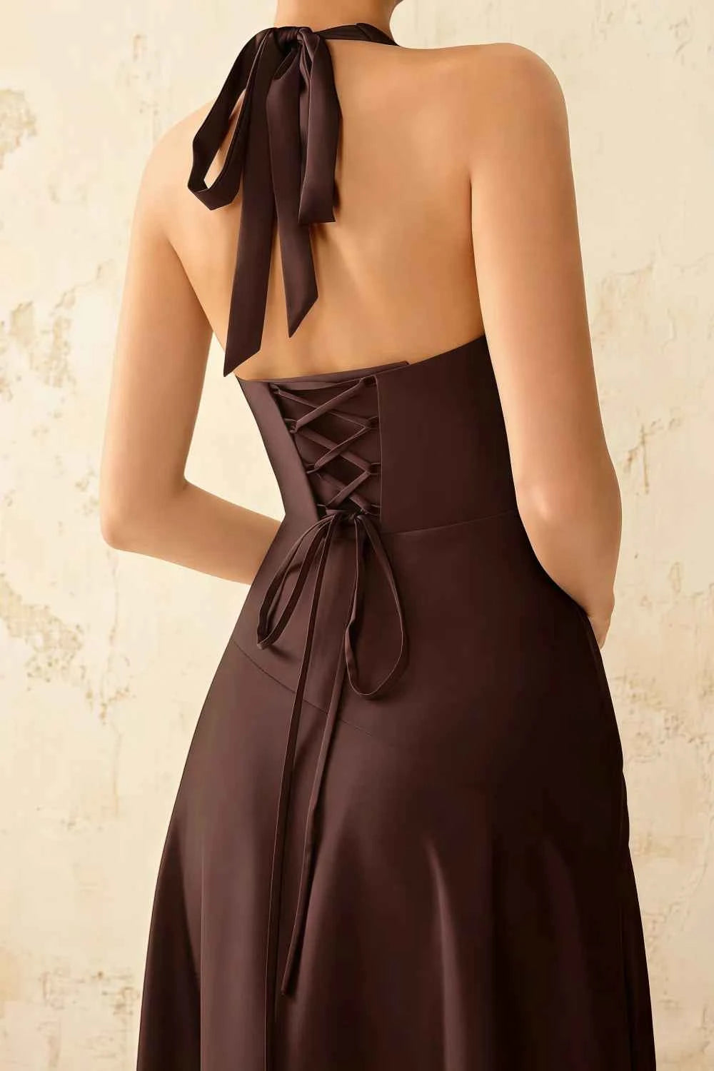 Jessica Truffle Satin Asymmetrical Halter Neck Maxi Dress
