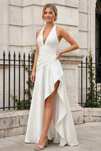 Jessica White Satin Asymmetrical Halter Neck Maxi Dress