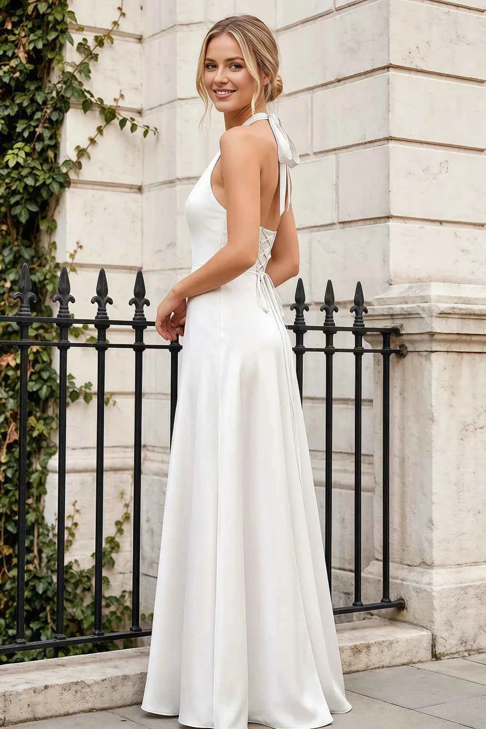 Jessica White Satin Asymmetrical Halter Neck Maxi Dress