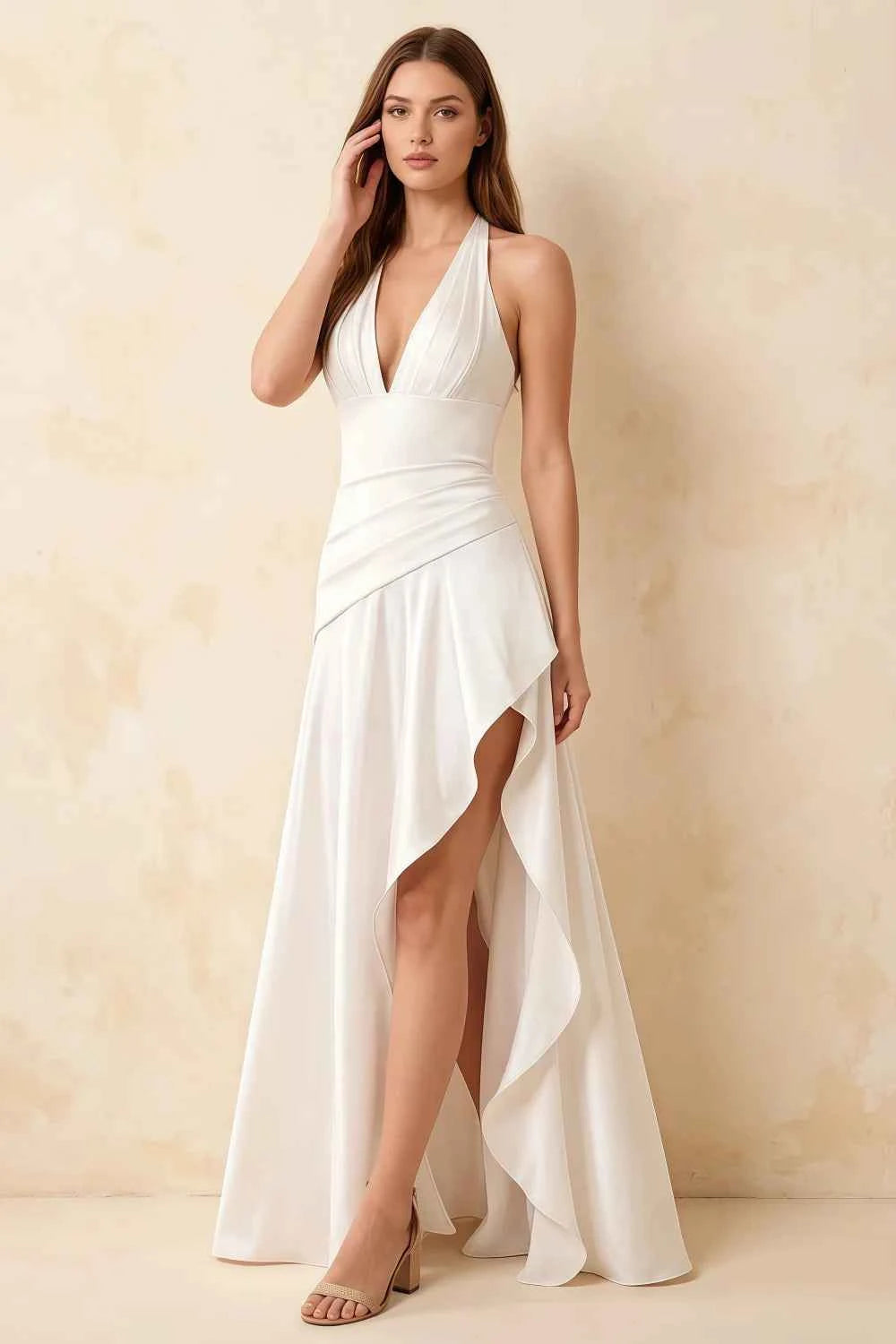Jessica White Satin Asymmetrical Halter Neck Maxi Dress