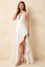 Jessica White Satin Asymmetrical Halter Neck Maxi Dress