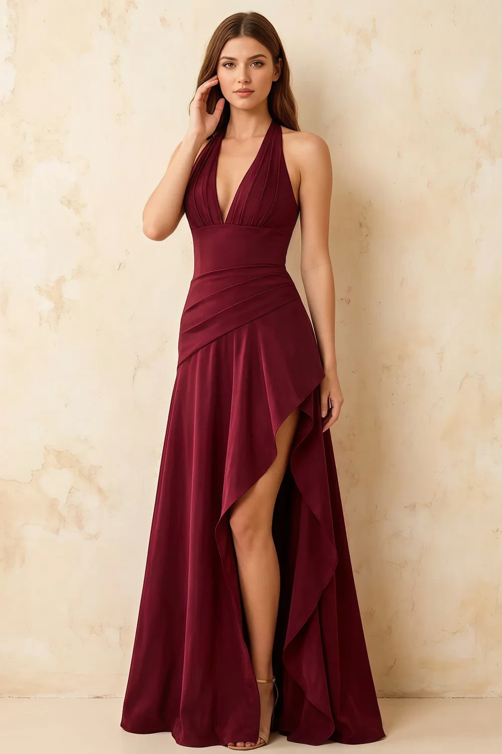 Jessica Wine Satin Asymmetrical Halter Neck Maxi Dress Main image