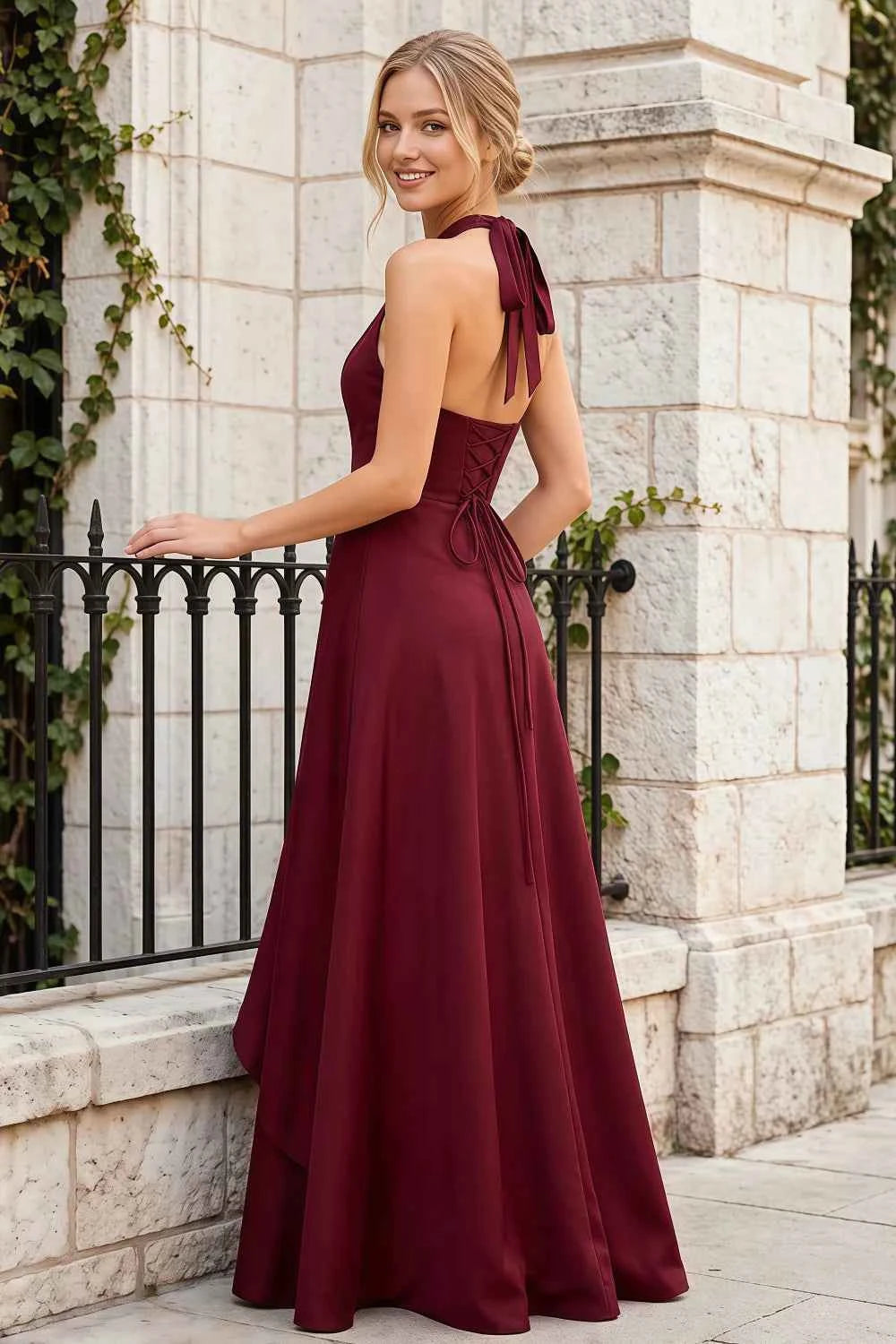 Jessica Wine Satin Asymmetrical Halter Neck Maxi Dress