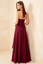 Jessica Wine Satin Asymmetrical Halter Neck Maxi Dress