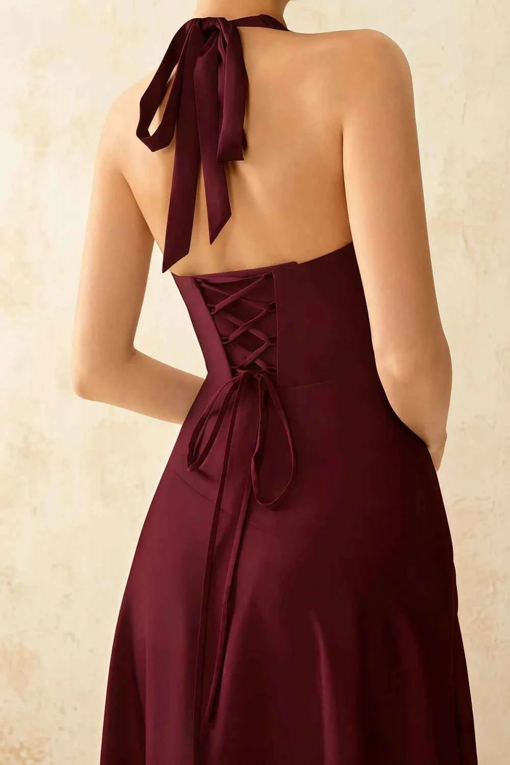 Jessica Wine Satin Asymmetrical Halter Neck Maxi Dress