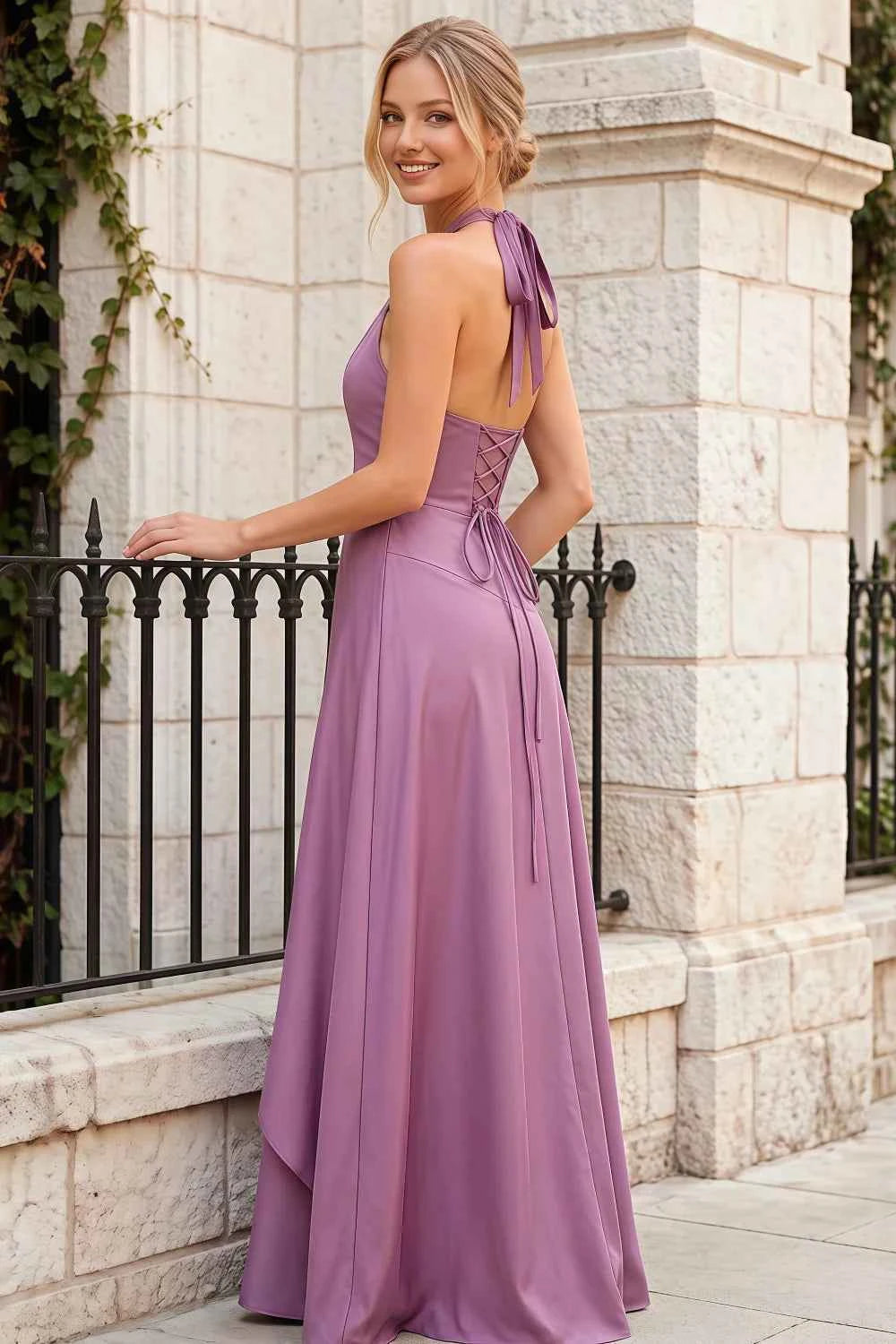 Jessica Wisteria Satin Asymmetrical Halter Neck Maxi Dress