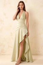 Jessica Yellow Satin Asymmetrical Halter Neck Maxi Dress