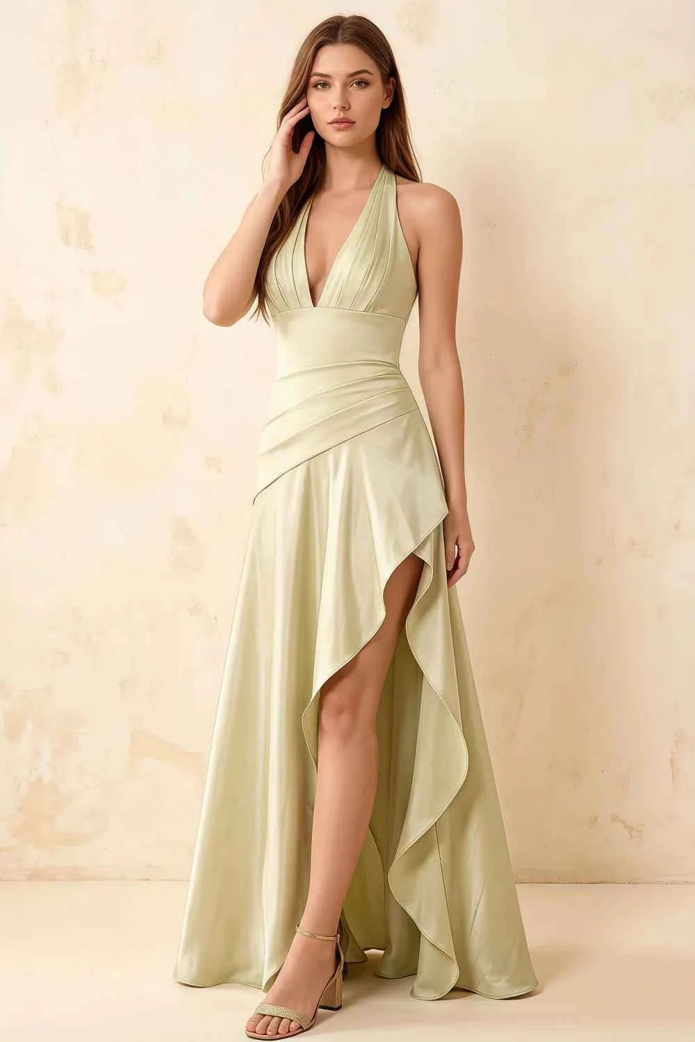 Jessica Yellow Satin Asymmetrical Halter Neck Maxi Dress