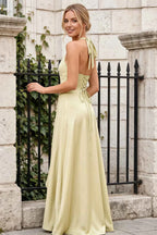 Jessica Yellow Satin Asymmetrical Halter Neck Maxi Dress